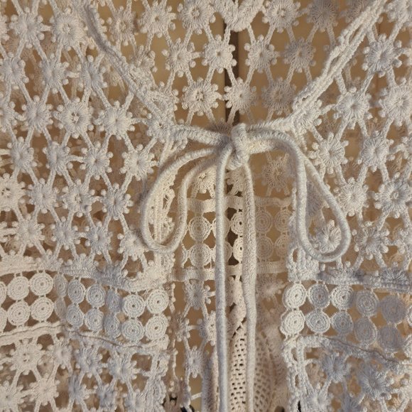 Women's Crochet Cardigan Cream Coverup Tunic Length Tie Front - Picture 7 of 10